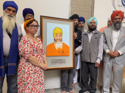 Artwork dedicated to Hardeep Singh Nijjar for his solidarity with the indigenous communities presented to Guru Nanak Sikh Gurdwara